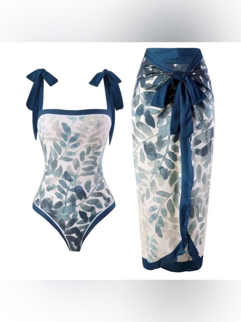 Tie-Shoulder Blue Leaf One-Piece Swimsuit with Sarong-Size: Medium